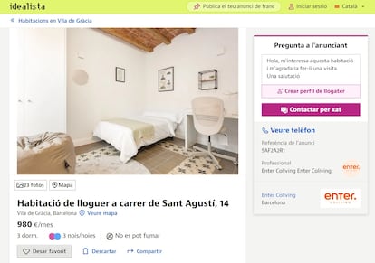 Anuncio de la sala, que está justo por encima de un inquilino en el colivio de Gràcia. El precio de esta habitación es mayor que el de la renta de lo que el vecino paga por todo el piso.