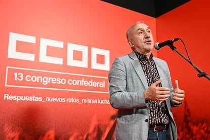 El secretario general de UGT, Pepe Álvarez, interviene en la apertura del XIII Congreso Confederal de CCOO este jueves en Madrid. 
