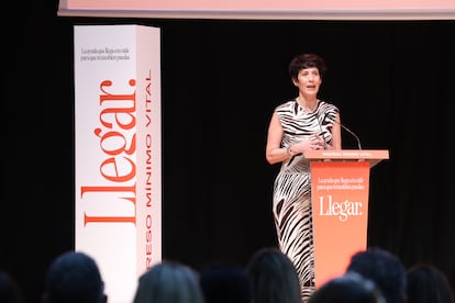 La ministra de Inclusión, Seguridad Social y Migraciones, Elma Saiz, el 9 de junio en el acto en el que conmemoró el quinto aniversario del IMV, en Madrid.