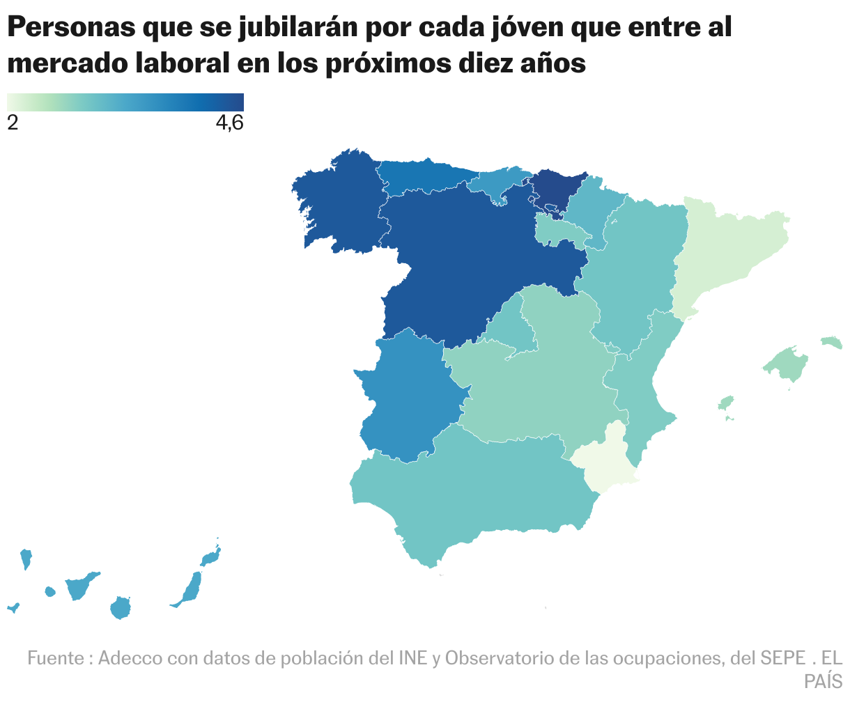 Personas que se jubilarán por cada jóven que entrará al mercado laboral en los próximos diez años (Mapa coroplético)