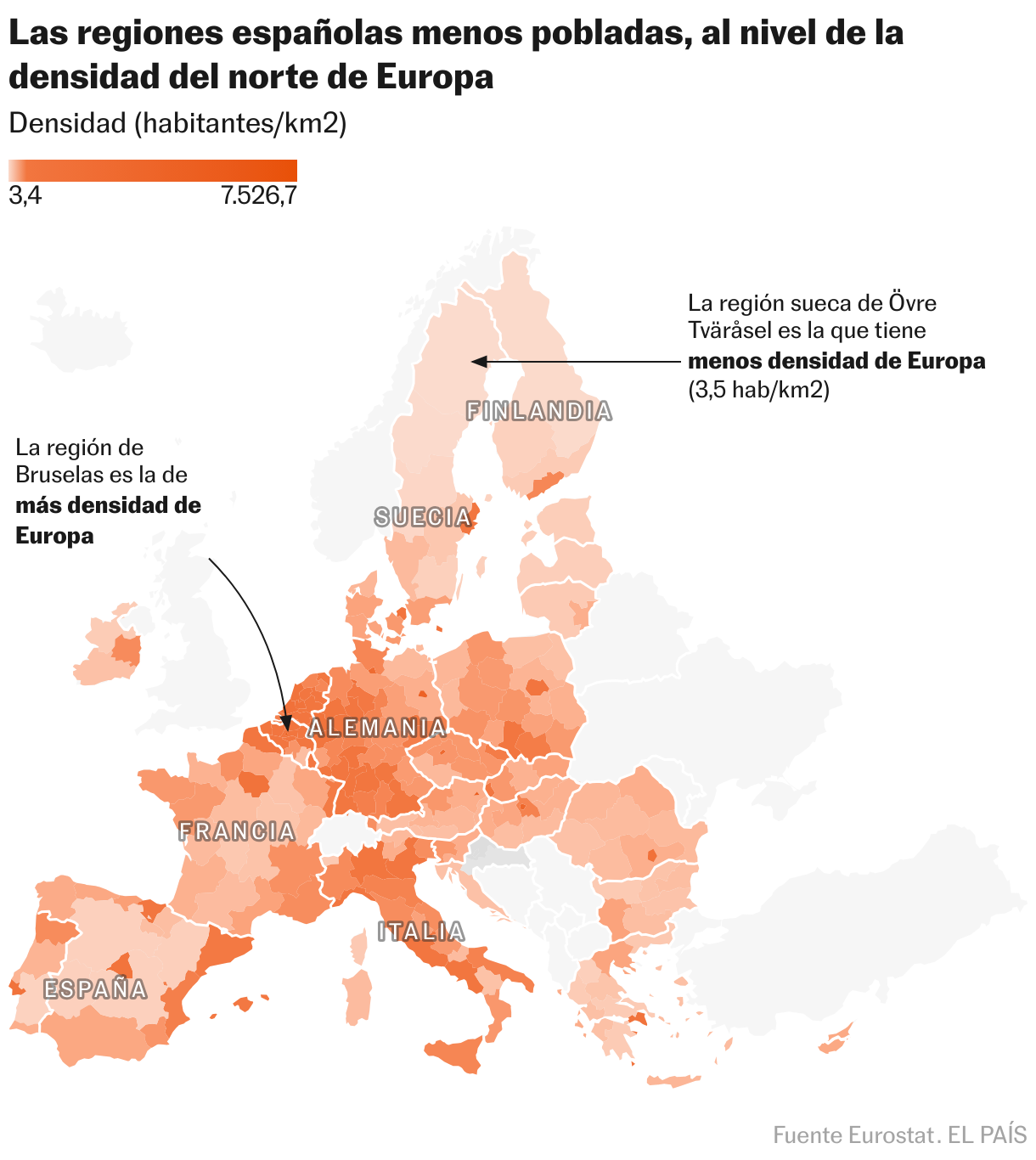 Las regiones españolas menos pobladas, al nivel de la densidad del norte de Europa (Mapa coroplético)