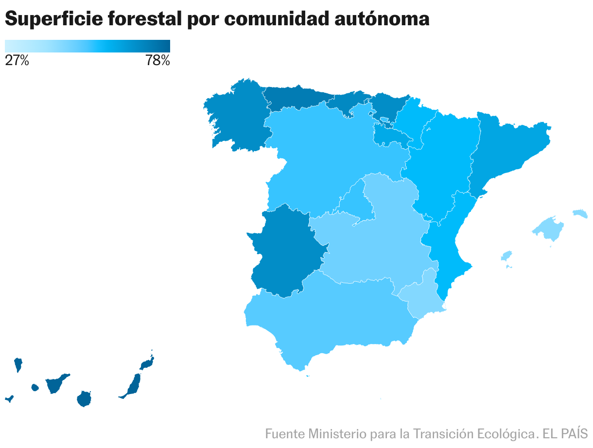 Superficie forestal por comunidad autónoma (Mapa coroplético)