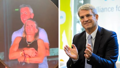 El CEO de Astronomer Andy Byron con la Kiss Cam en un captura de pantalla de TikTok y el CEO de Nestlé Laurent Freixe