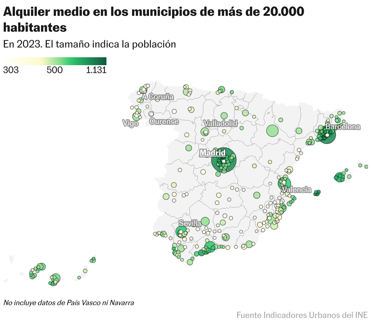 Alquiler medio en los municipios de más de 20.000 habitantes (Mapa del símbolo)