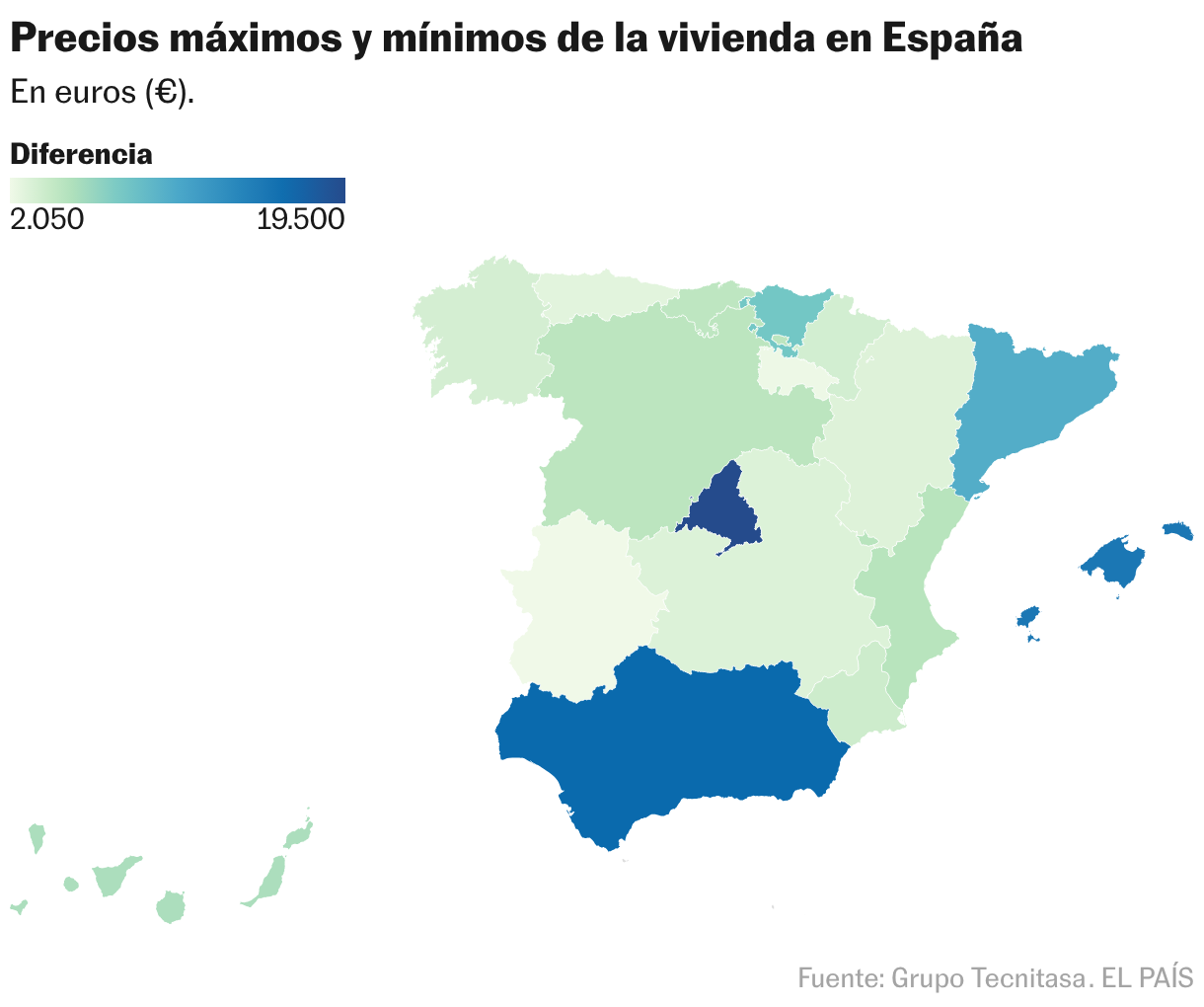 Precios máximos y mínimos de la vivienda en España (Mapa coroplético)