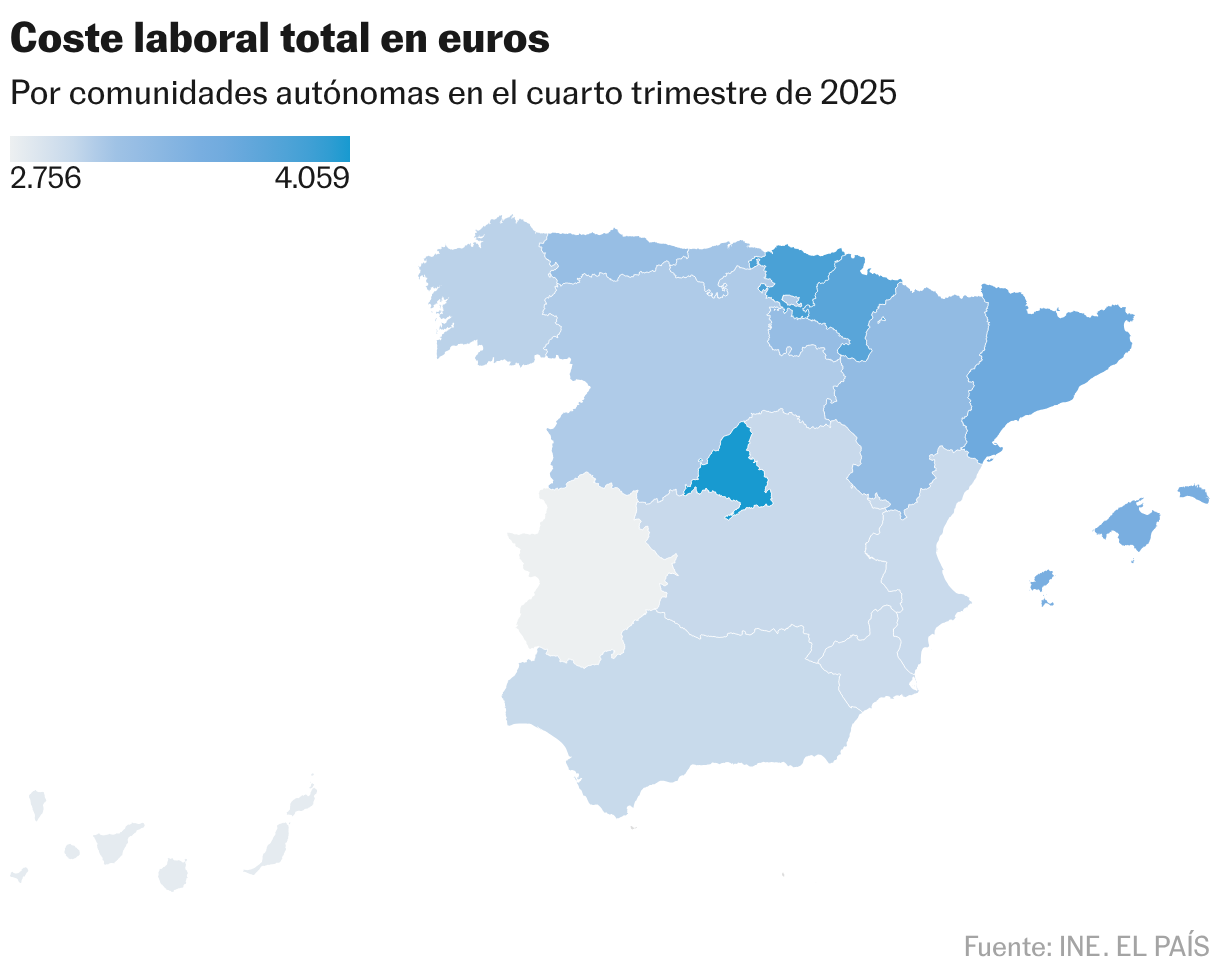 Coste laboral total en euros (Mapa coroplético)
