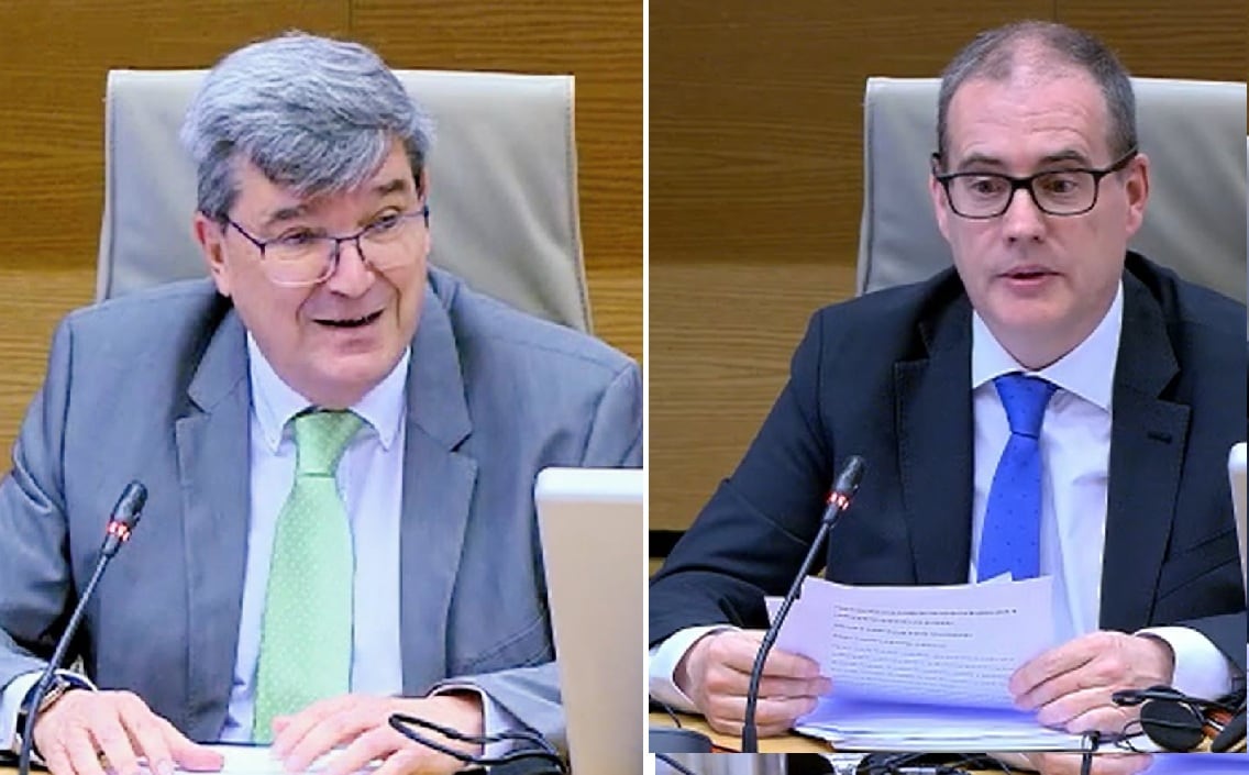 Captura de imágenes del canal de televisión del Congreso con el candidato a consejero vetado para la Autoridad Independiente de Investigación de accidentes, Adolfo Moreno, y el presidente elegido para el nuevo órgano, Gonzalo Guillén Espejo.