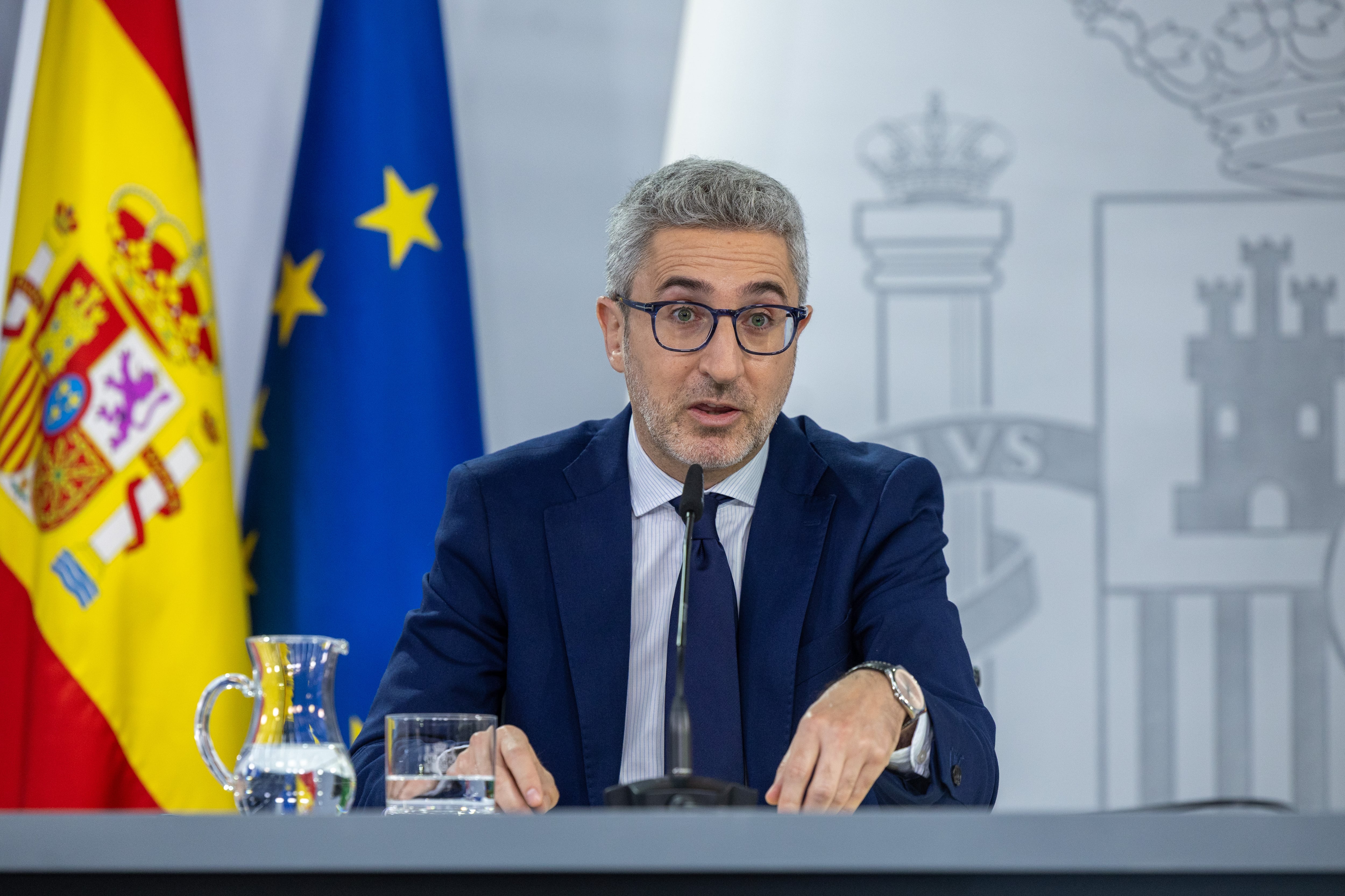 El ministro de Hacienda, Arcadi España, durante la rueda de prensa posterior al Consejo de Ministros, a principios de junio.